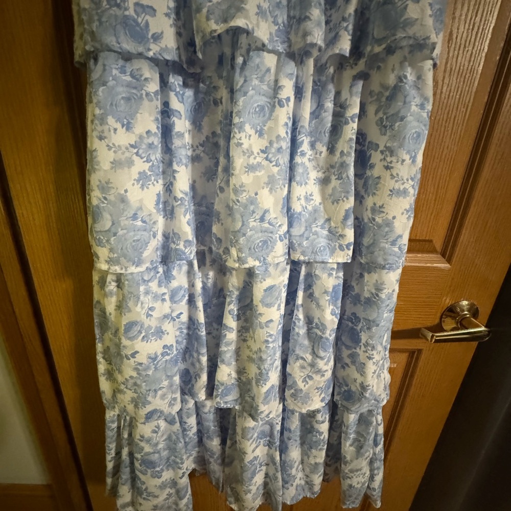Altar'd State Blue and White Floral Tiered Maxi Dress with Tie Straps - Picture 7 of 14